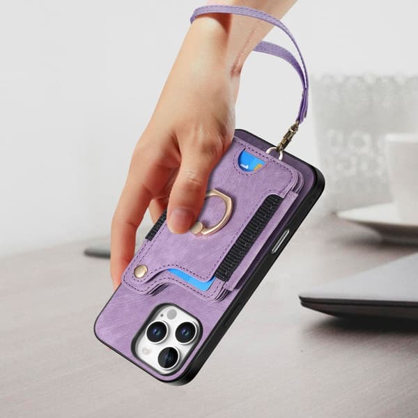 iPhone 16 Pro Retro Skinnkänsla Ring Multi-kort Plånboks Skal Purpur