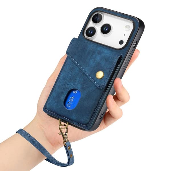 iPhone 18 Pro Max / iPhone 17 Pro Max Skal läderfodral med retro kortficka och rem Blå