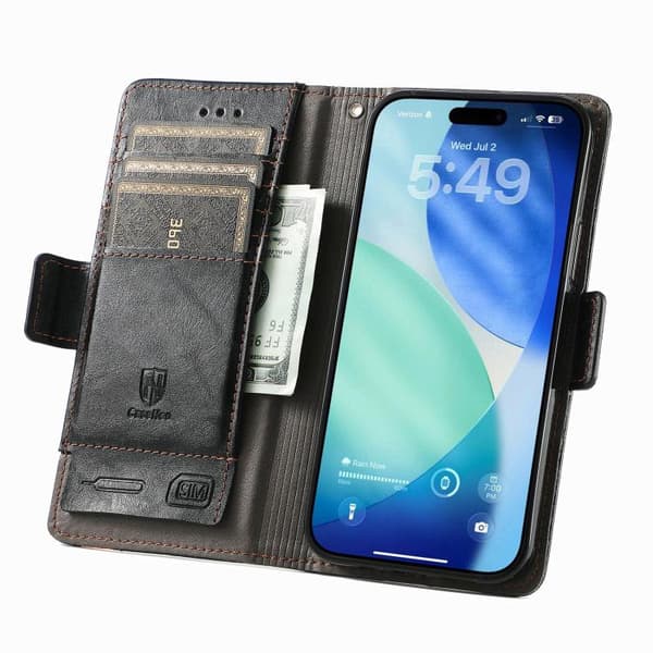 iPhone 18 Pro / iPhone 17 Pro Skal läderfodral med Neo Splicing Dubbel Magnetisk Spänne Svart
