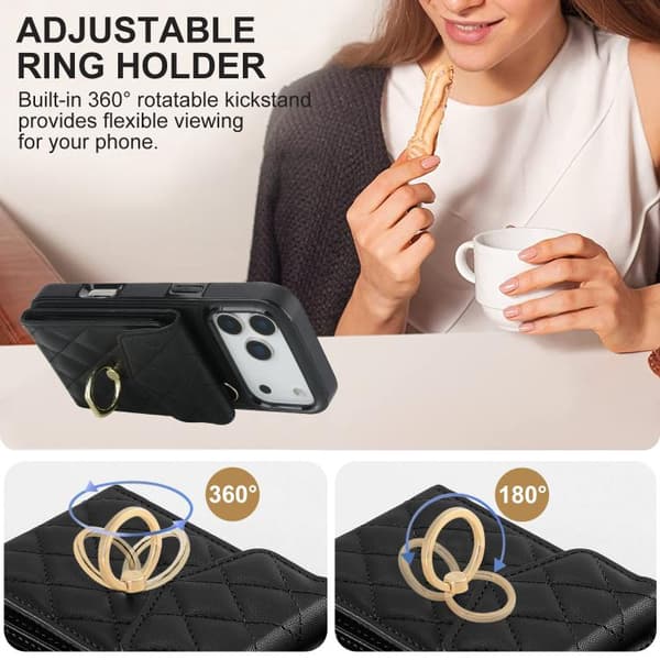 iPhone 18 Pro Max / iPhone 17 Pro Max Skal med Rhombisk Textur och Lång Lanyard Svart