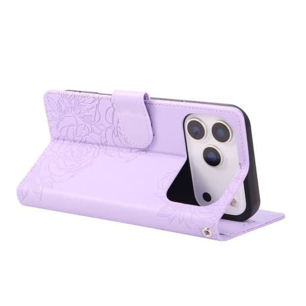 iPhone 18 Pro / iPhone 17 Pro Skal läderfodral med rosblommor och 3 kortfack Purpur
