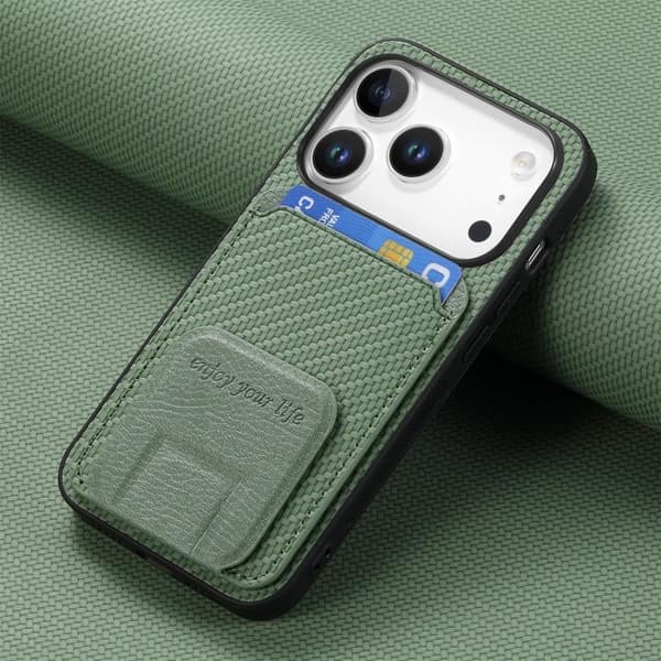 iPhone 18 Pro / iPhone 17 Pro Skal - Kolfiber med Kortficka och Fällbart Ställ Grön