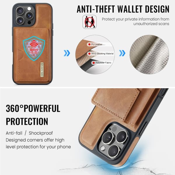 iPhone 16 Pro Max DG.MING M6 Series RFID Tri-fold Skal med Avtagbart Läder Fodral Brun