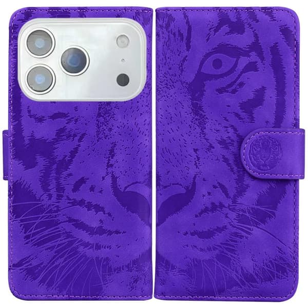 iPhone 18 Pro Max / iPhone 17 Pro Max Skal läderfodral med tigerprägling Purpur