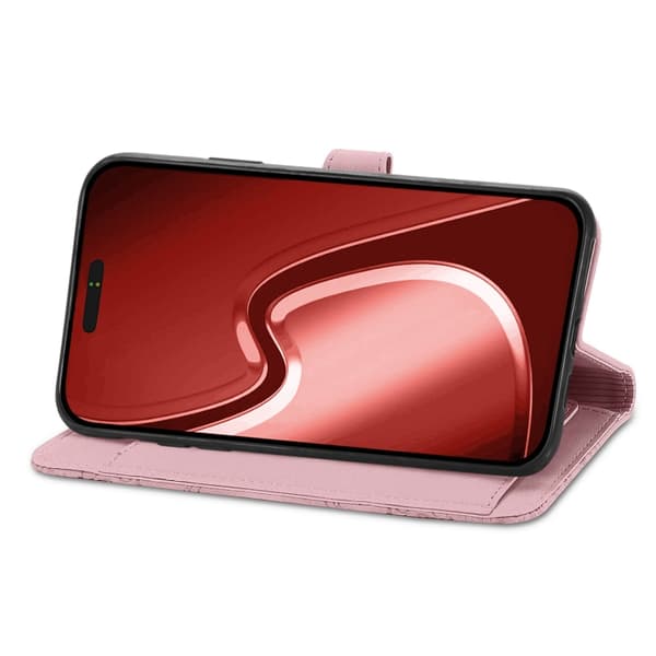iPhone 16 Pro Max Embossed Flower Skal Läder Fodral Rosa