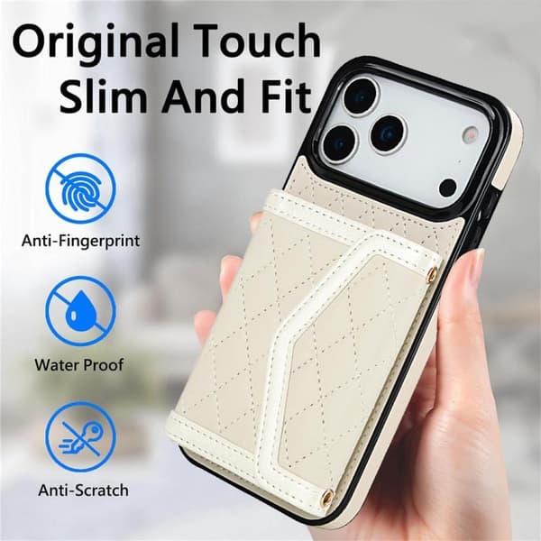 iPhone 18 Pro / iPhone 17 Pro Skal med Spaltad Rhombisk Textur och Lång Rem Beige