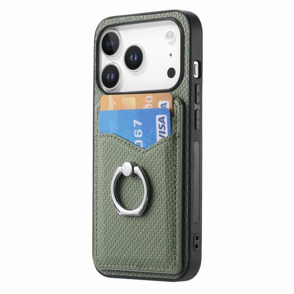 iPhone 18 Pro / iPhone 17 Pro Carbon Fiber Kortplånbok Ring Skal Grön