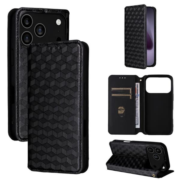 iPhone 18 Pro Max / iPhone 17 Pro Max Skal läderfodral med kubisk rutmönster Svart