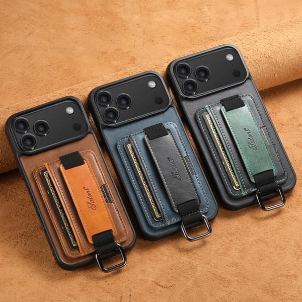 iPhone 17 Skal med Kortplånbok och Handledsrem - PU Brun