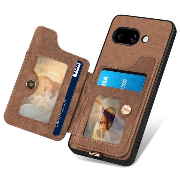 för Pixel 9a Skal med Retro Skin-känsla och Ring Multi-kortfack Brun