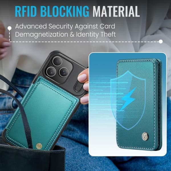 iPhone 17 Pro Skal läderfodral JEEHOOD Business Magnetisk Stil RFID Blågrön