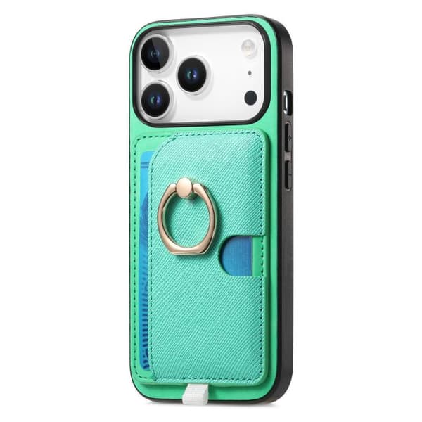 iPhone 17 Pro Skal - Retro Korsläder med Ring och Sidofack för Kort, MagSafe Grön