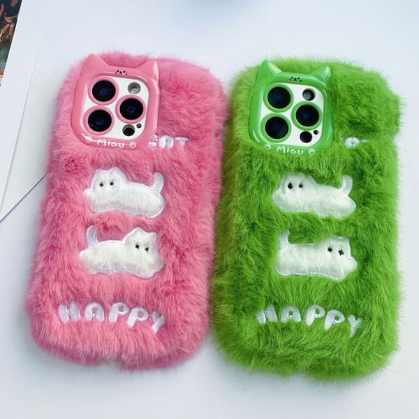 iPhone 16 Pro Skal - Plush Söt Katt Full Täckning Silikon Telefonfodral Vit