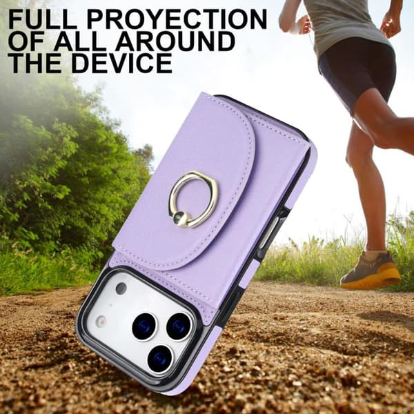 iPhone 18 Pro Max / iPhone 17 Pro Max Skal med Ringhållare och Kortficka, Skinnkänsla Purpur