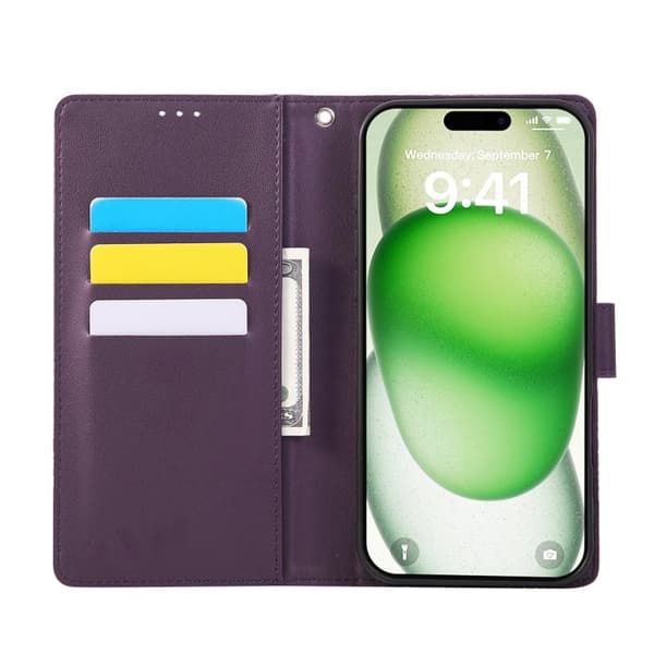 iPhone 18 Pro / iPhone 17 Pro Skal läderfodral med rosblommor och 3 kortfack Djup lila