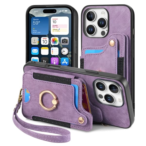 iPhone 16 Pro Max Retro Skinnkänsla Ring Multi-kort Plånboks Skal Purpur