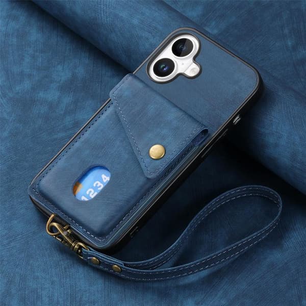 iPhone 17 Skal läderfodral med retro kortfack och rem Blå