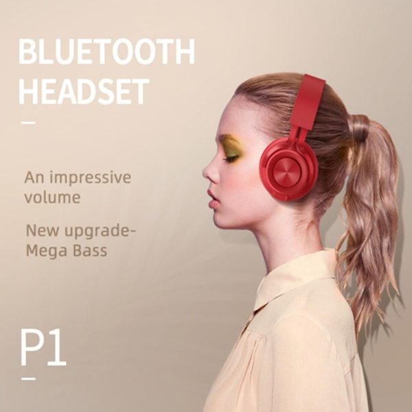 P1 Trådlösa Bluetooth 5.0 Stereo Mjuka Läder Öronmuffar Fällbara Headset Inbyggd Mikrofon för PC / Mobiltelefoner Röd