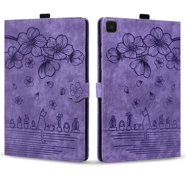 Samsung Galaxy Tab A7 Lite Cartoon Sakura Cat Prägad Läderfodral Lila