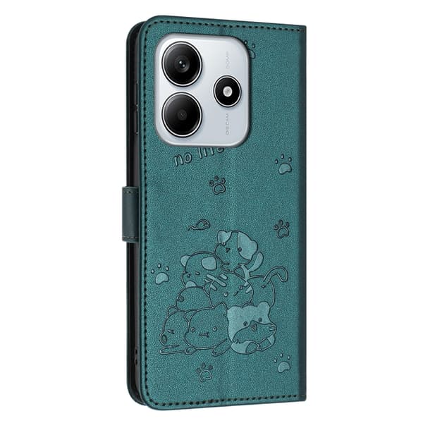 Redmi Note 14 5G - Prägad Katt Mobilskalsläder med Lanyard Mörkgrön
