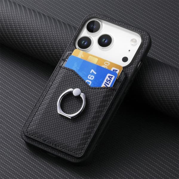 iPhone 18 Pro / iPhone 17 Pro Carbon Fiber Kortplånbok Ring Skal Svart