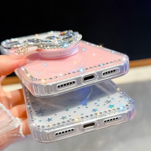 iPhone 18 Pro Max / iPhone 17 Pro Max Skal med Diamant Glittrande Sten Hjärtformat Hållare Ljusrosa