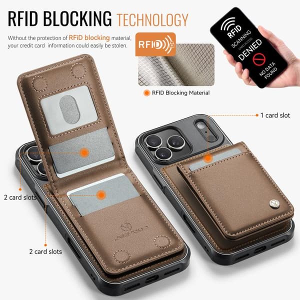 iPhone 18 Pro / iPhone 17 Pro Skal - brittisk stil med RFID MagSafe kortficka av PU - JEEHOOD Brun