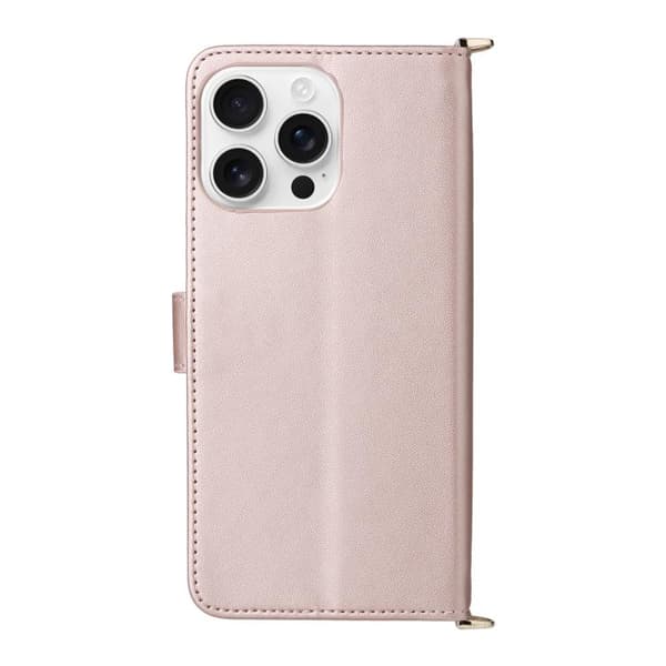 iPhone 16 Pro Skal Läder med Multifunktionella 6-Kortsplatser och Handledsrem Rosa