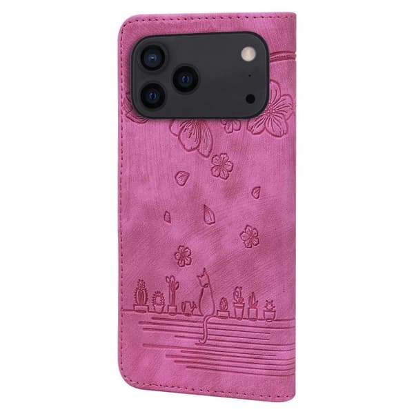 iPhone 18 Pro Max / iPhone 17 Pro Max Skal läderfodral med präglad tecknad sakura katt Rosröd