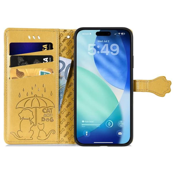 iPhone 18 Pro Max / iPhone 17 Pro Max Skal läderfodral med präglade katter och hundar Gul