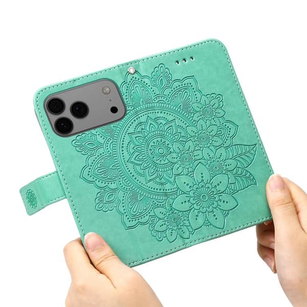 iPhone 18 Pro Max / iPhone 17 Pro Max Skal läderfodral med sju-petal blommor - relief Grön