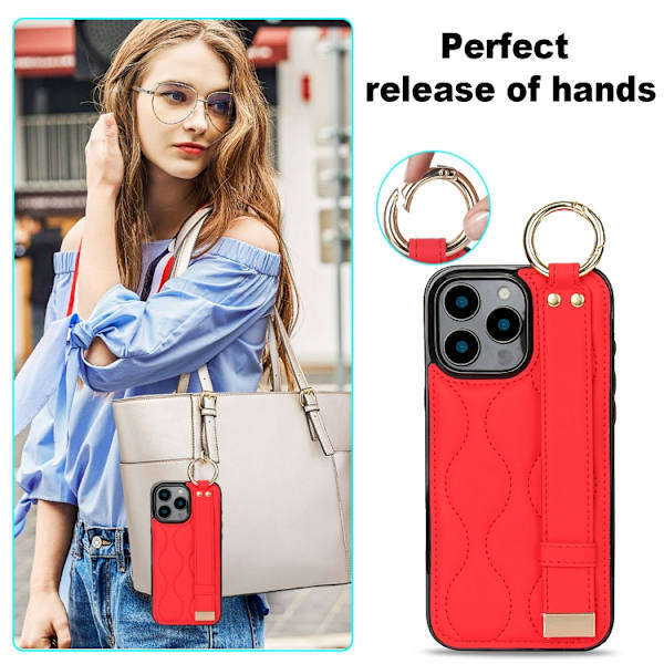 iPhone 16 Pro Max Skal med Handledsrem - Non-slip Full Coverage PU Skydd Röd