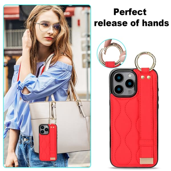 iPhone 16 Pro Skal med Handledsrem - Non-slip Full Coverage PU Skydd Röd