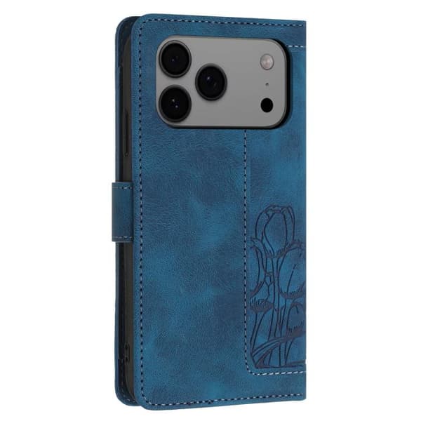 iPhone 18 Pro Max / iPhone 17 Pro Max Skal läderfodral med tulpaner och lanyard Blå