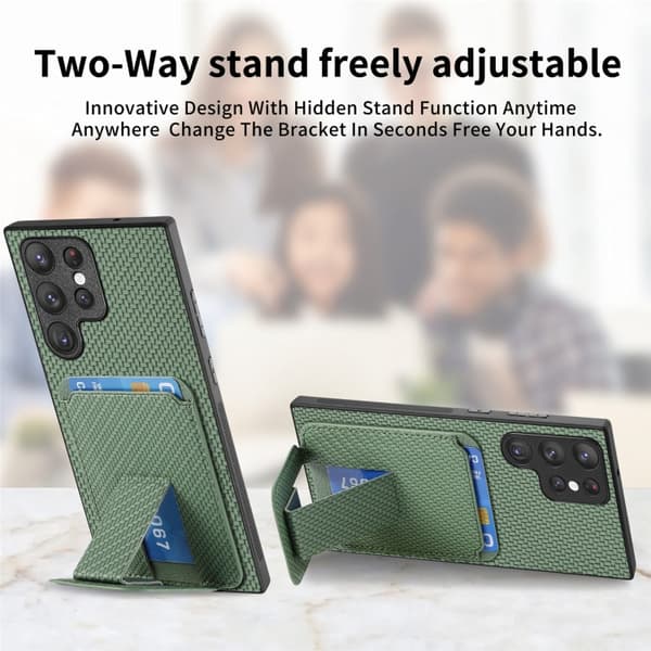 Samsung Galaxy S24 5G Skal i Kolfiber med Kortficka och Fällbart Ställ Grön