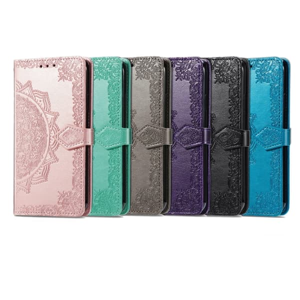 iPhone 16 Pro Max Mandala Blomma Pr präglat Läder Skal Fodral Grå