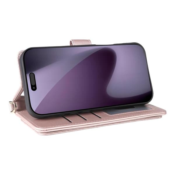iPhone 18 Pro Max / iPhone 17 Pro Max Skal Läderfodral med Multifunktionella 6-Kortsplatser och Handledsrem Rosa