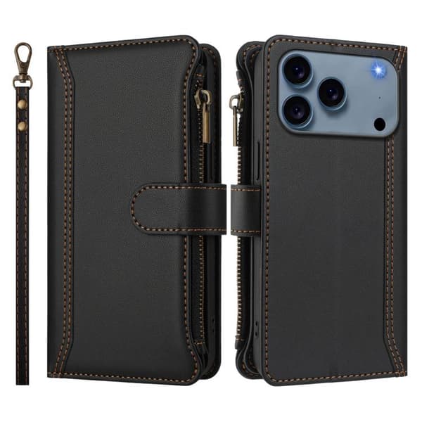 iPhone 18 Pro Max / iPhone 17 Pro Max Skal - Läder med Magnetstängning, 9 Kortfack och Handrem Svart