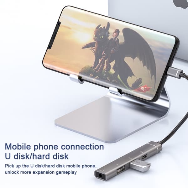 USB-C / Typ-C till 3,5 mm + 2 USB + Typ-C Hub Dockningsstation (Grå)