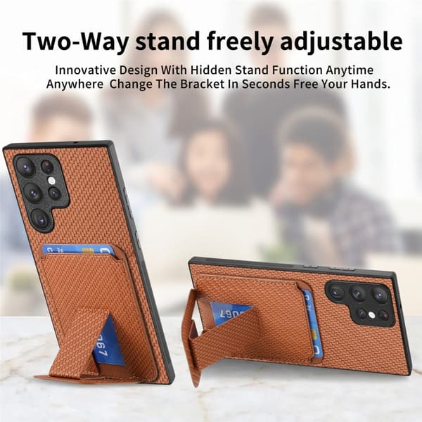 Samsung Galaxy S24+ 5G Skal i Kolfiber med Kortfack och Fällbart Ställ Brun