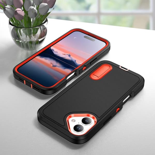 iPhone 17 Skal - robust PC + silikonfodral med hållare Svart + Orange