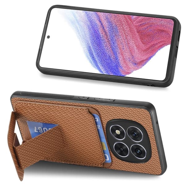 Redmi Note 14 5G - Kolfiber Kortfodral med Fällbart Ställ Brun