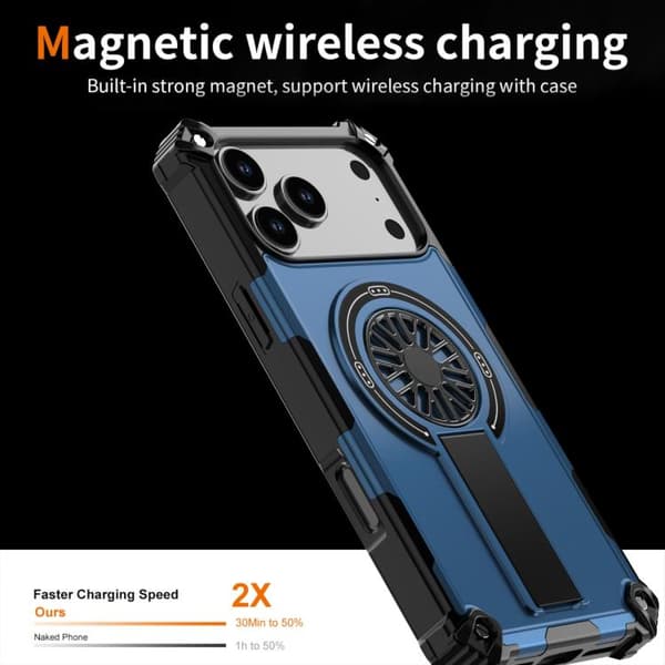 iPhone 18 Pro Max / iPhone 17 Pro Max Shockproof Kickstand Metallic Shaft MagSafe Skal Blå