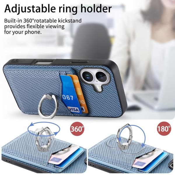 iPhone 17 Skal - Kolfiber med Kortficka och Ring Blå