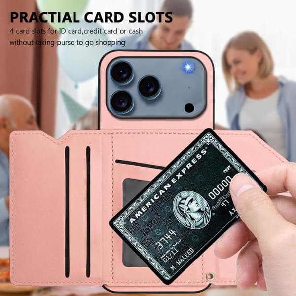 iPhone 18 Pro / iPhone 17 Pro Skal med Fyra Kortfack och Handledsrem Rosa