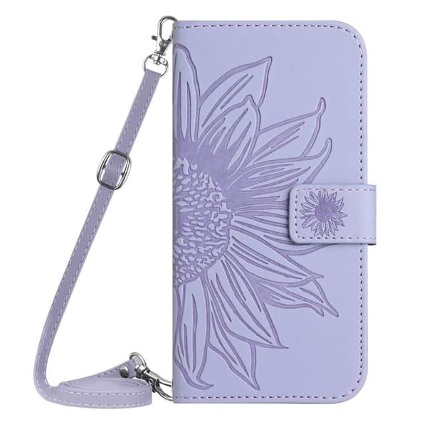 iPhone 18 Pro Max / iPhone 17 Pro Max Skal läderfodral med solblomma, präglad flip och lanyard Purpur