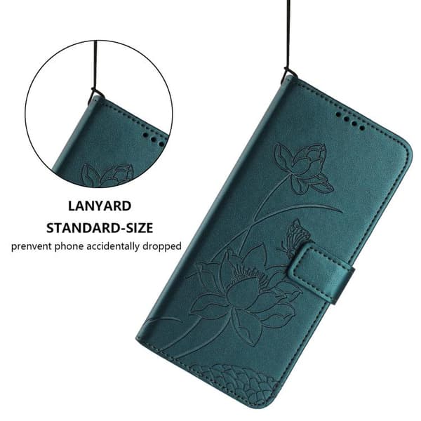 iPhone 18 Pro Max / iPhone 17 Pro Max Skal Läderfodral med Lotus Prägling och Lanyard Mörkgrön