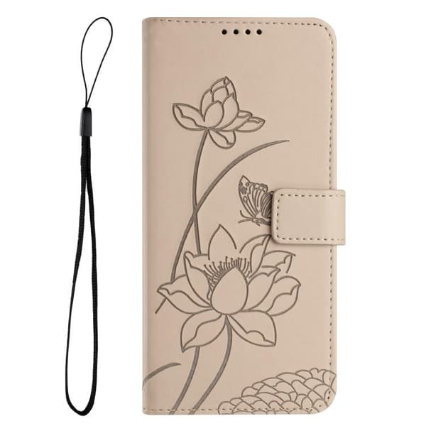 iPhone 18 Pro / iPhone 17 Pro Skal läderfodral med lotusprägling och lanyard Beige