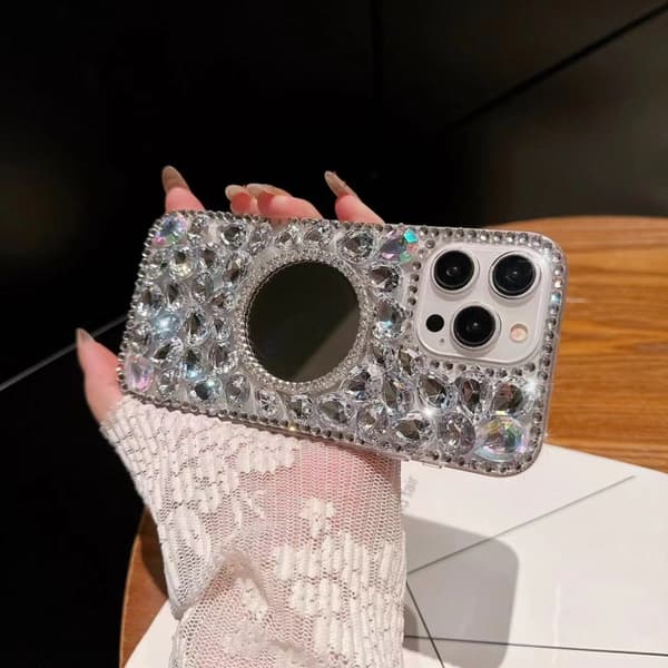 iPhone 16 Pro Max Skal - Handgjord Bling Rhinestone PC Telefonfodral Silvergrå blomma