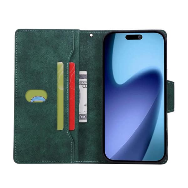 iPhone 18 Pro Max / iPhone 17 Pro Max Skal läderfodral med Rivet Spänne för 9 Kort och Tredelad Design Grön